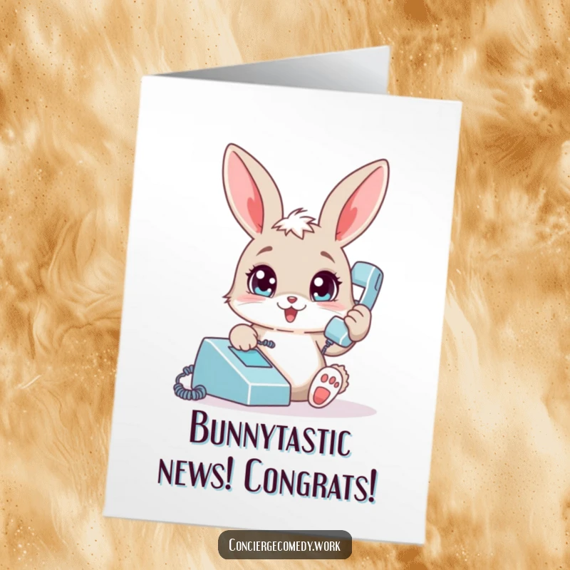 Funny Free Printable Congratulations Card: A cheerful bunny with wide eyes talks on a phone, conveying exciting news.