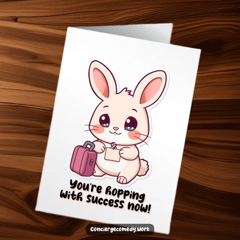 Funny Free Printable Congrats Card: Friendly rabbit with bright eyes holds a luggage tag, celebrating journey.
