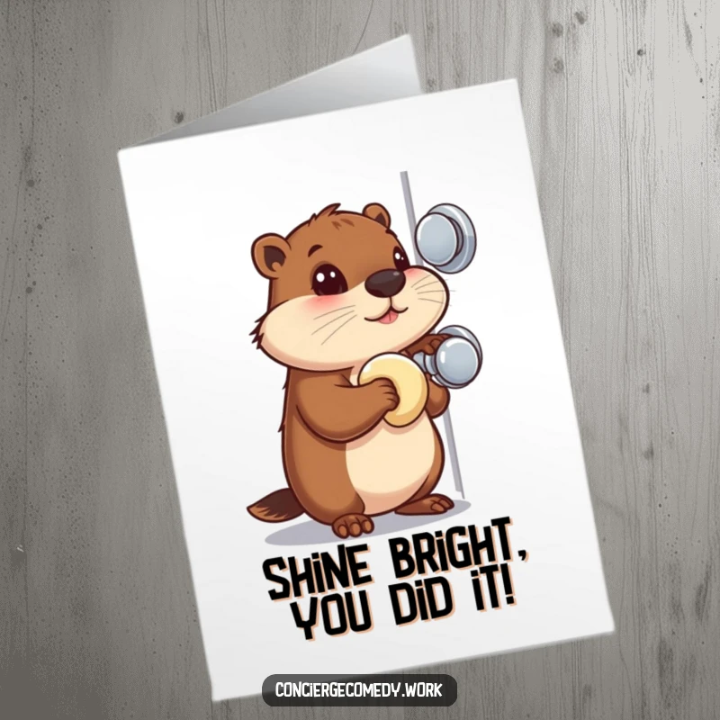 Funny Free Printable Congratulations Card: Busy beaver with a focused gaze polishes a shiny doorknob, symbolizing achievement.
