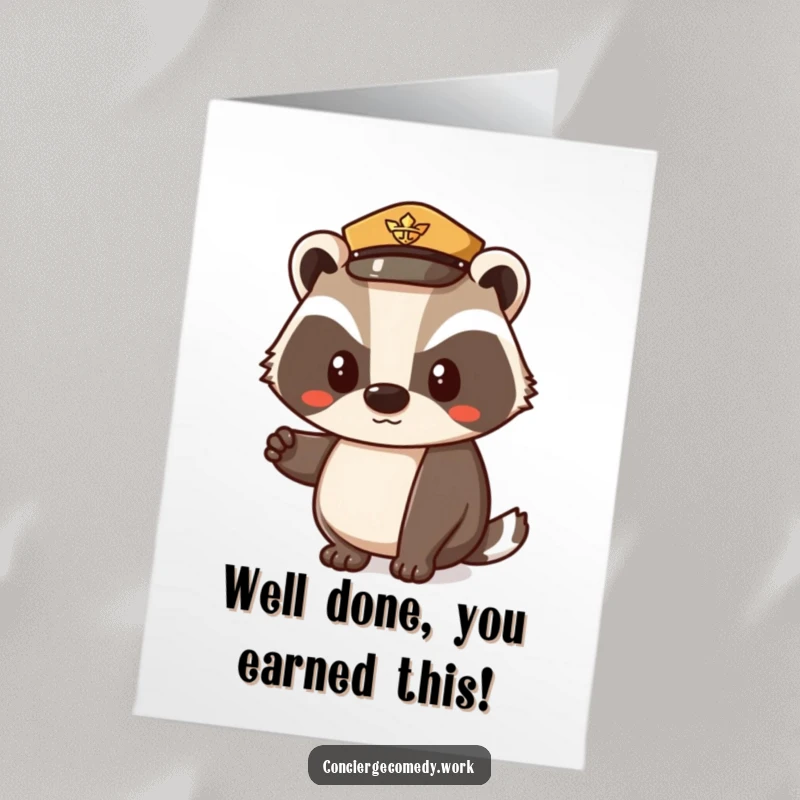 Funny Free Printable Congratulations Card: Polite badger in uniform hat, nodding approval for their big win.