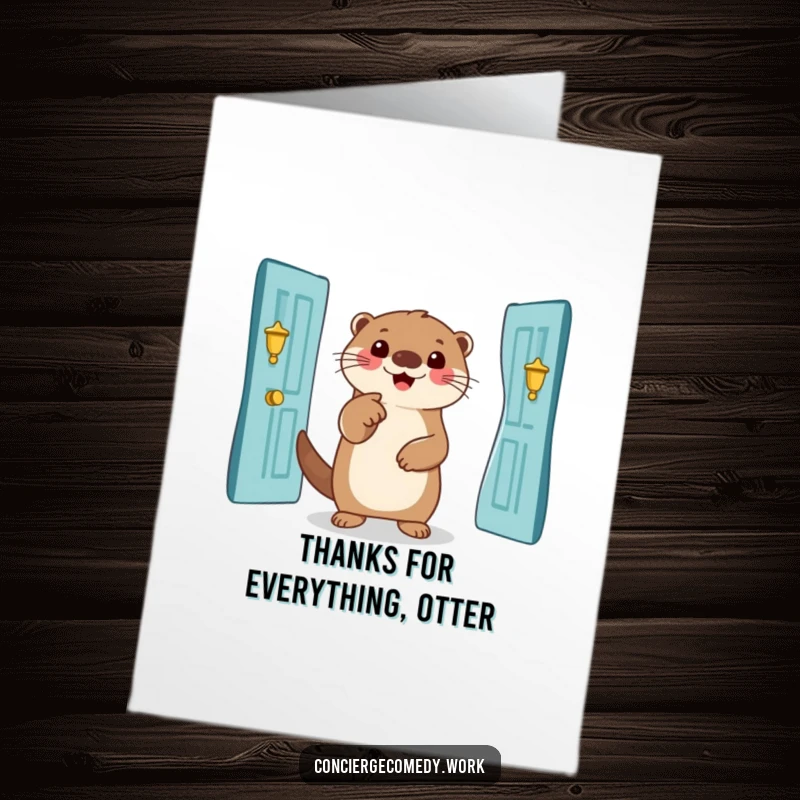 Funny Free Printable Thank You Card: A smiling otter enthusiastically points towards a grand entrance, symbolizing a warm welcome of thanks.