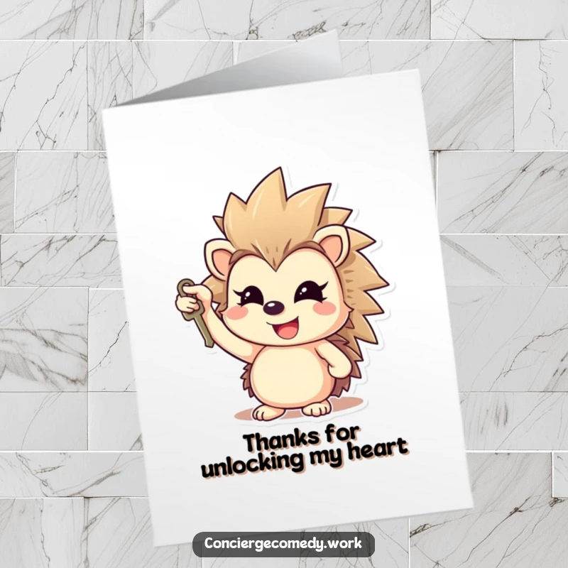 Funny Free Printable Thank You Card: Cheerful hedgehog holding a small key, signifying thanks.