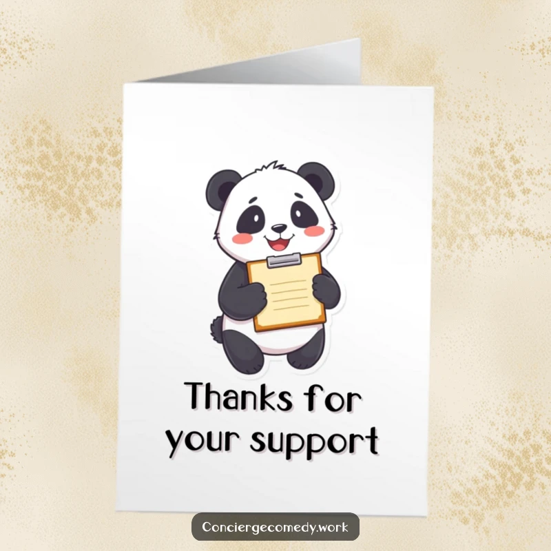 Funny Free Printable Thank You Card with a delighted panda holding a clipboard and smiling gratefully.