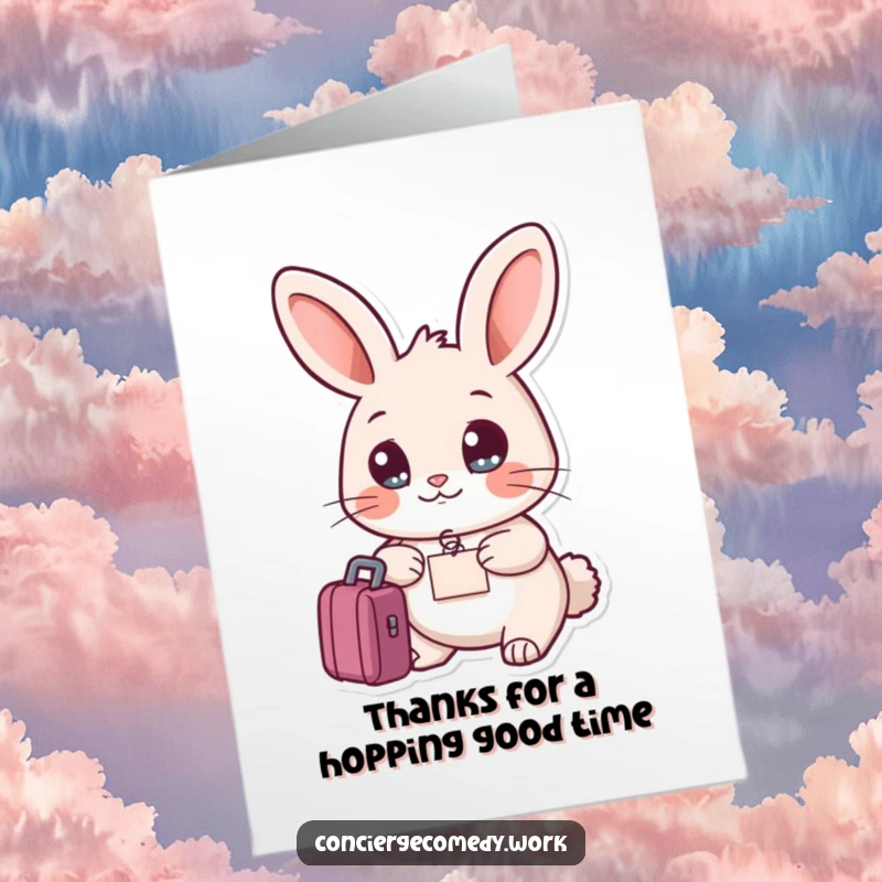 Funny Free Printable Thank You Card: Friendly rabbit holding a small luggage tag, expressing thanks.