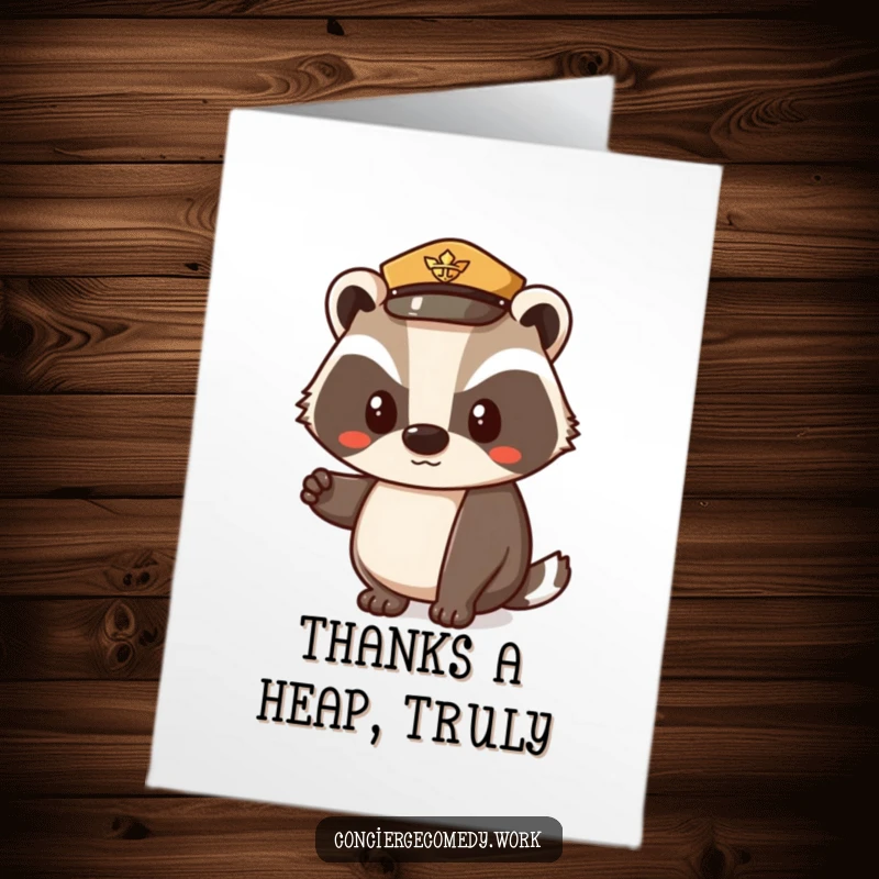 Funny Free Printable Thank You Card: Determined badger in uniform hat offers a polite, grateful nod.