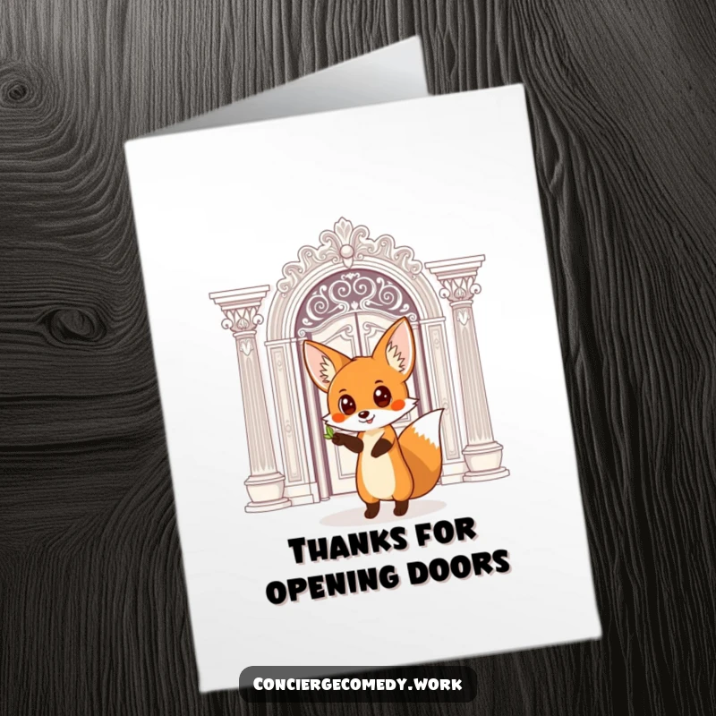 Funny Free Printable Thank You Card: Curious fox gazes wide-eyed at a grand, ornate doorway, hinting at gratitude.