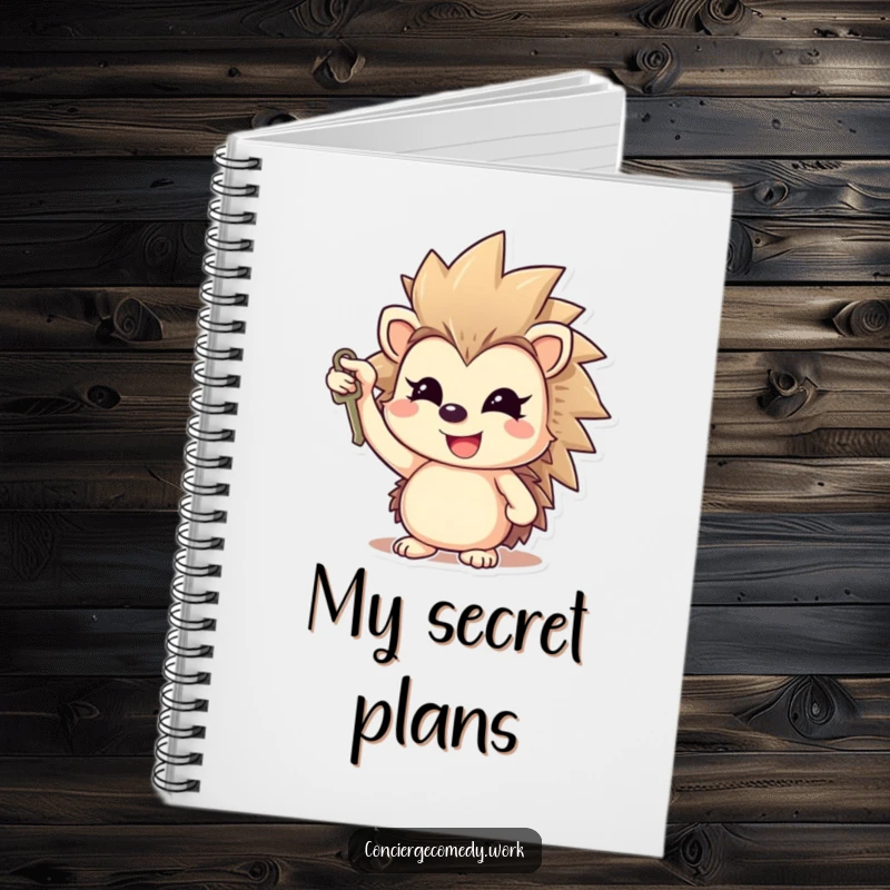 Funny cheerful hedgehog notebook holding a key, gleaming smile, a cute and practical gift.