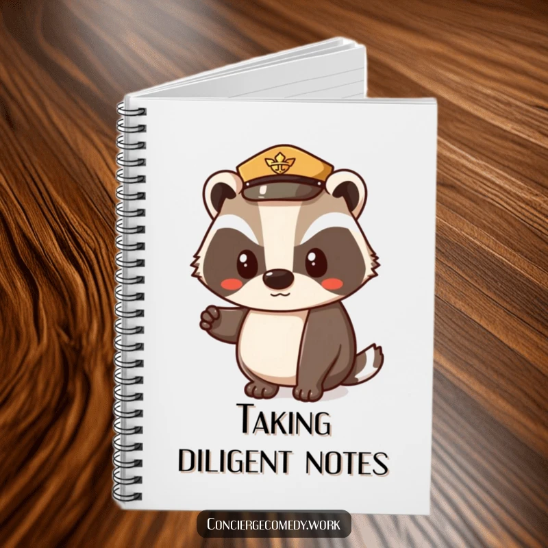Funny notebook with a determined badger wearing a small uniform hat, nodding politely, ready to record notes. Perfect for journaling or planning.
