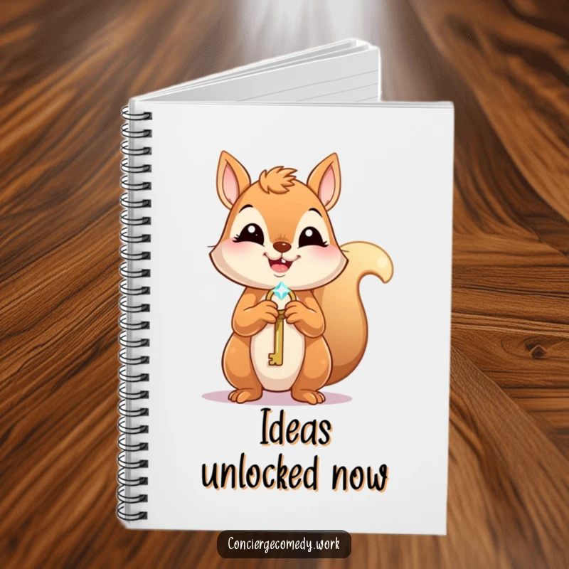 Funny Notebook: A joyful squirrel with an eager expression holds a tiny, sparkling key, ready to inspire notes.