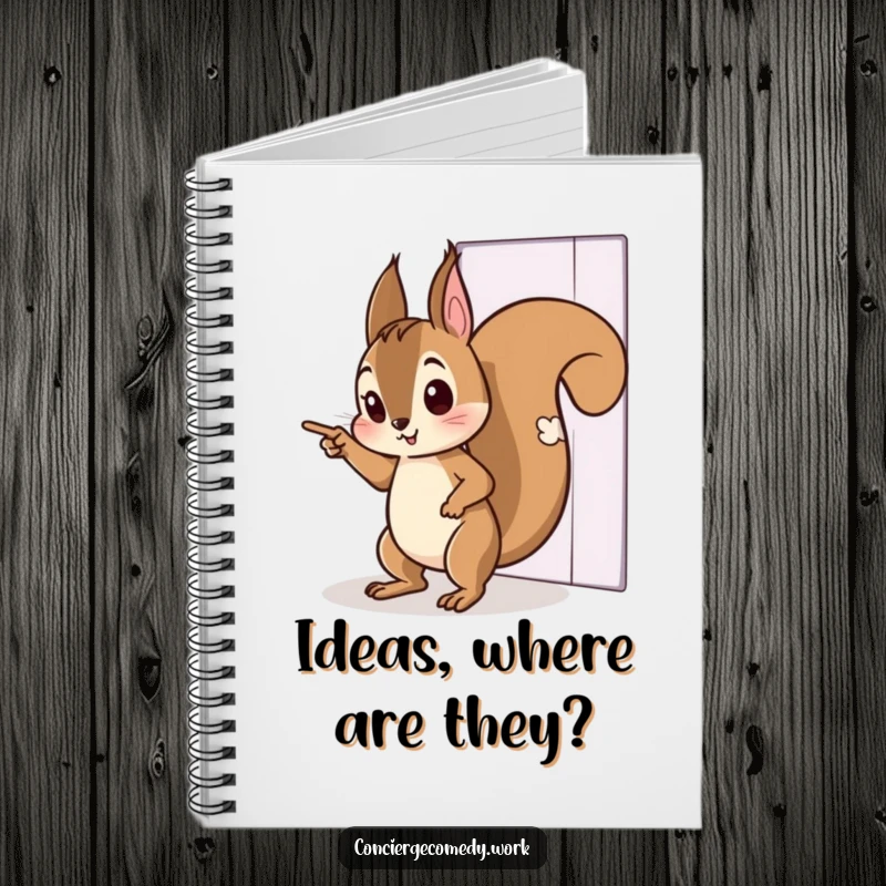 Funny notebook with a curious squirrel tiptoeing, pointing to an invisible door. Perfect for journaling or sketching ideas.