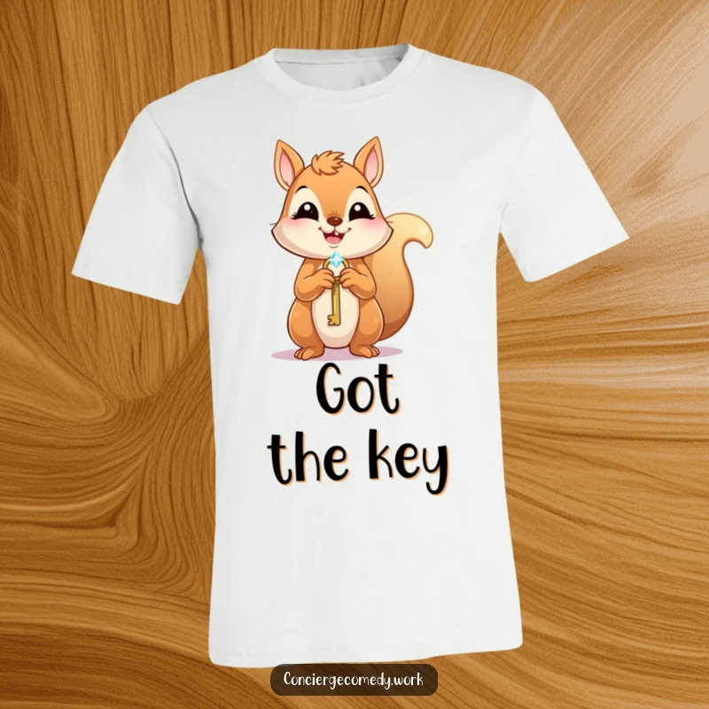 Funny T-Shirt: A joyful squirrel clutches a tiny, glittering key, its eager expression conveying hope and anticipation.
