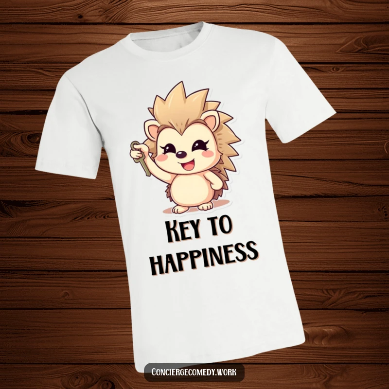 Funny cheerful hedgehog t-shirt holding a small key aloft, gleaming smile, motivational and humorous.