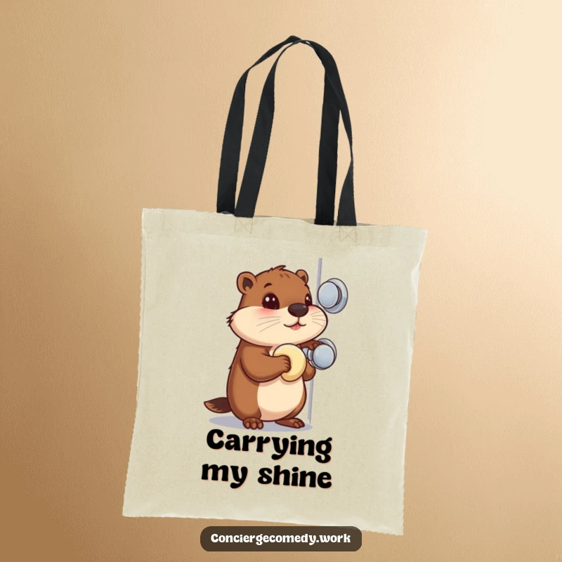 Funny Tote Bag: A busy beaver with a focused gaze polishes a shiny doorknob, symbolizing diligence.