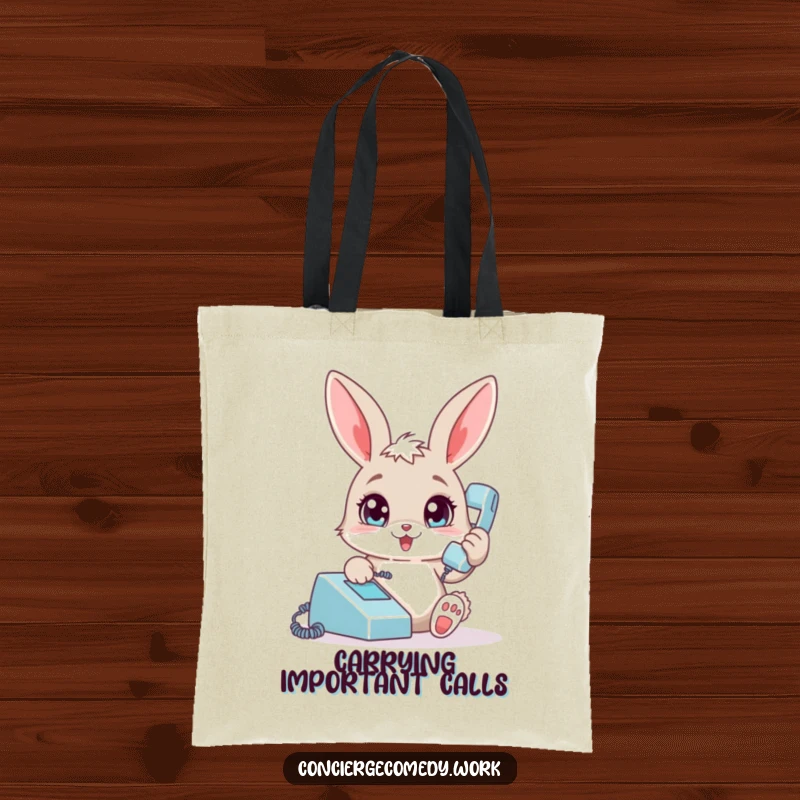 Funny bunny tote bag, cute rabbit with wide eyes, holding a phone, perfect for a humorous and practical gift.